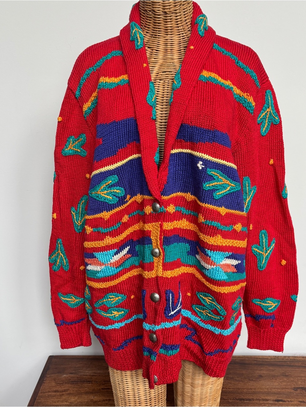Vintage Berek Marta D Cardigan Hand Knit Southwestern Red Pima Cotton Sweater L